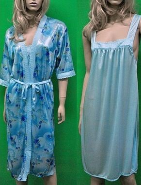 Light Blue Women's Satin Robe and Chemise Set